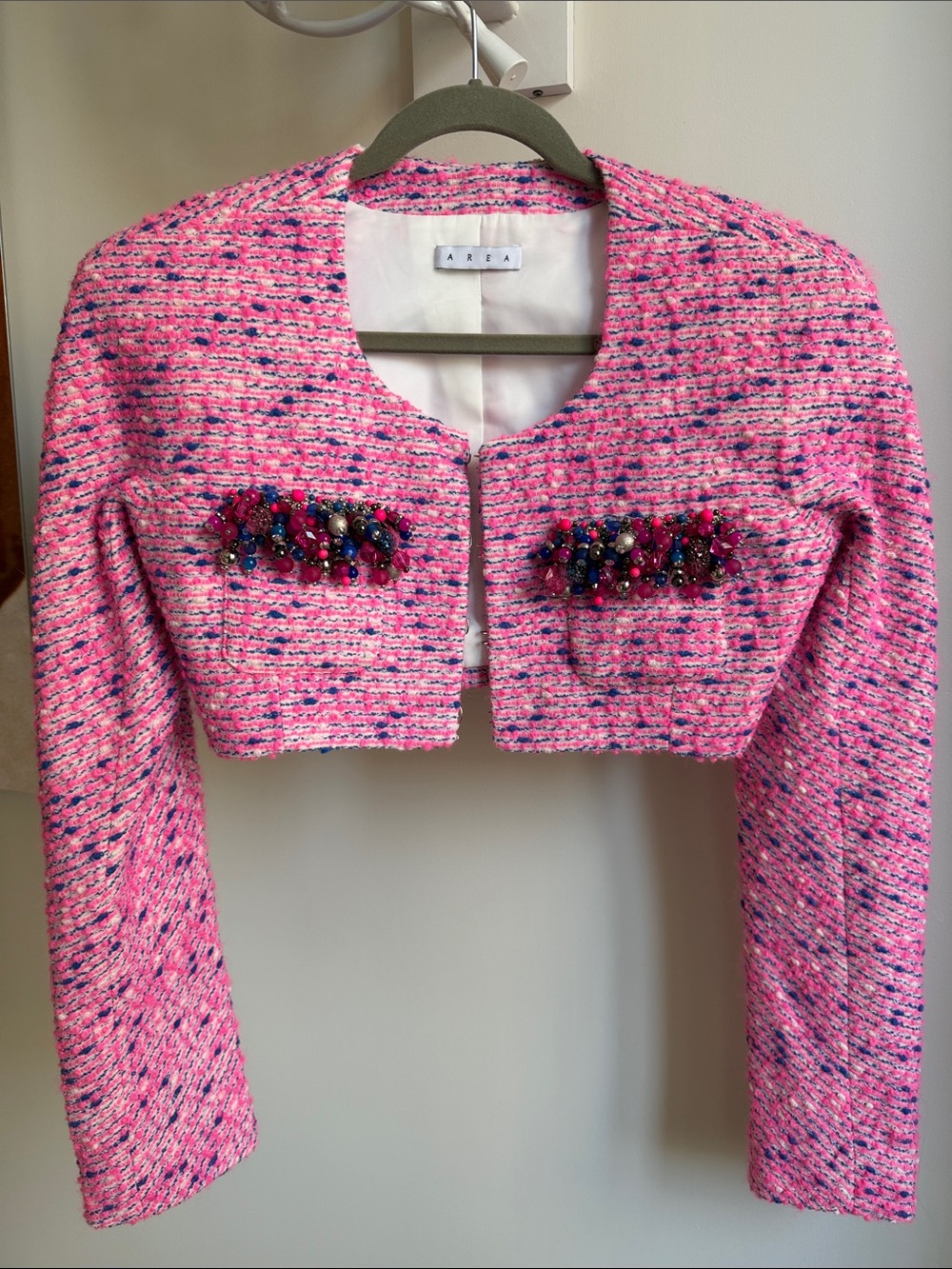AREA Pink Tweed Cropped Jacket with Multicolor Beaded Pockets
